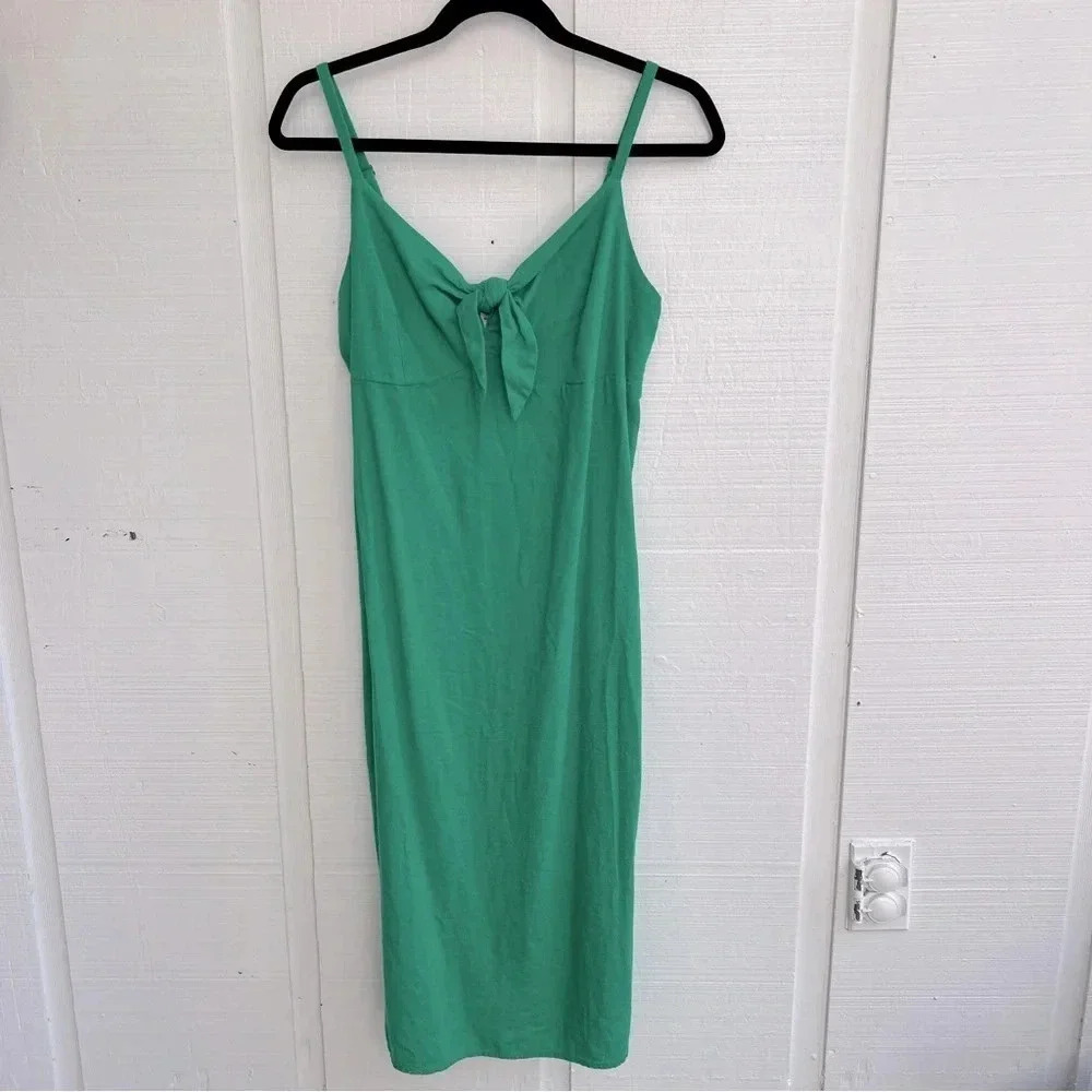 Deep Green Lightweight Linen Blend Tie Knot Bust Strappy Midi Sun Dress | Sz M